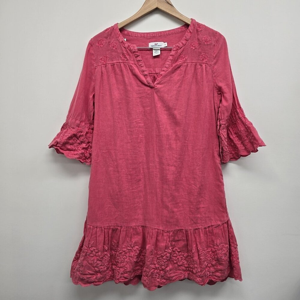 Vineyard Vines Dyed Pink Embroidered Flutter Sleeve Linen Blend Lined Dress Sz 8